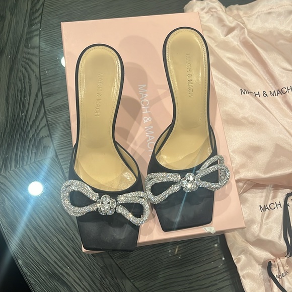 MACH & MACH Double Bow embellished satin mules